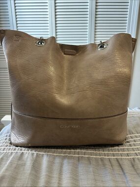 Calvin Klein Taupe Shimmer Leather Tote with Grommet Handles
